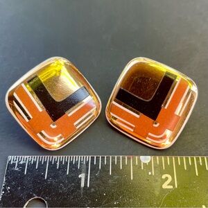 Vintage Porcelain Metallic Gold 80's Plaid Earrings Pierced